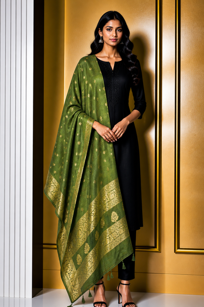 Plain Dyeing Dola Silk Butta Designs Dupatta with Nakshi Border - 2.35 Mtr Length    -  SKU : AI18C01H