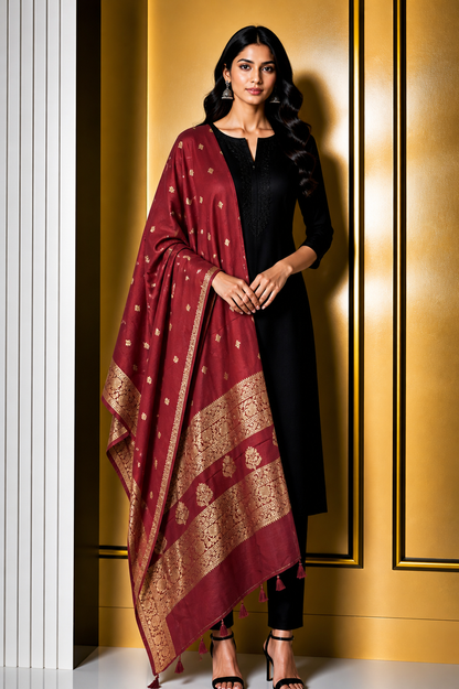 Plain Dyeing Dola Silk Butta Designs Dupatta with Nakshi Border - 2.35 Mtr Length    -  SKU : AI18C01J
