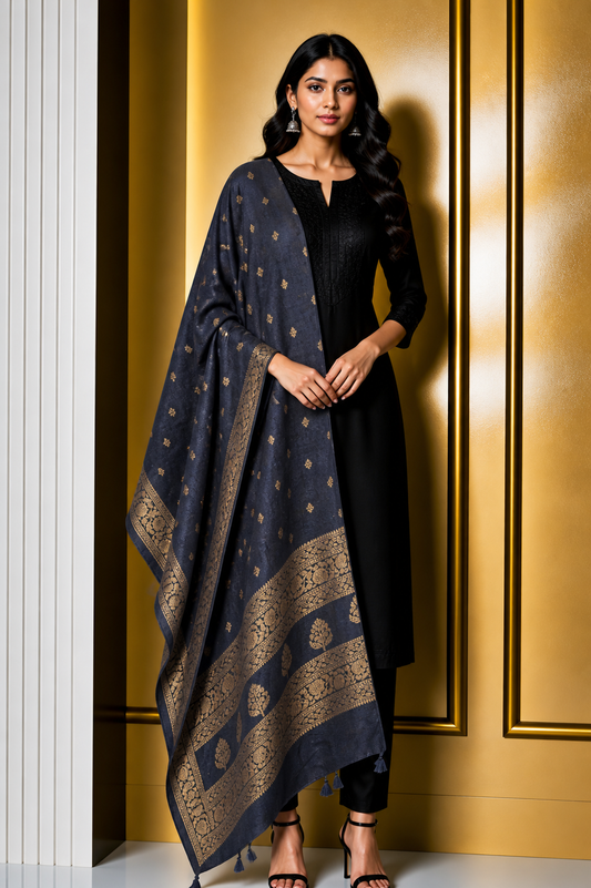 Plain Dyeing Dola Silk Butta Designs Dupatta with Nakshi Border - 2.35 Mtr Length    -  SKU : AI18C01I