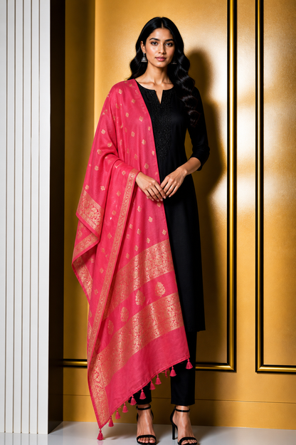 Plain Dyeing Dola Silk Butta Designs Dupatta with Nakshi Border - 2.35 Mtr Length    -  SKU : AI18C01B