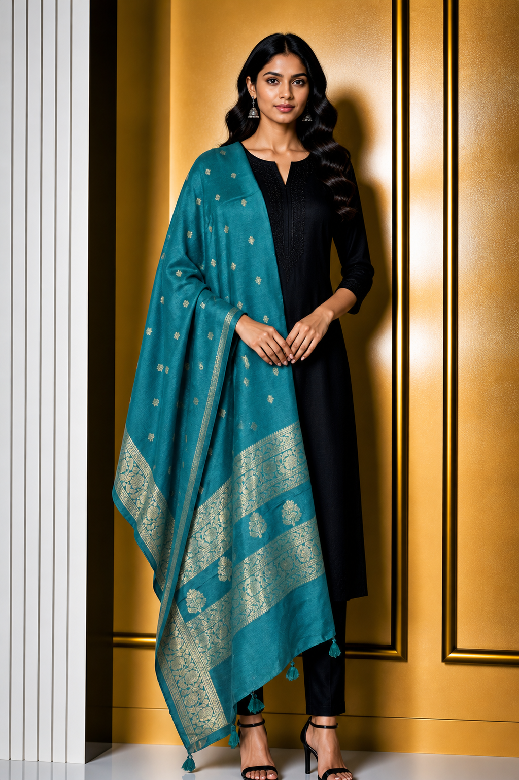 Plain Dyeing Dola Silk Butta Designs Dupatta with Nakshi Border - 2.35 Mtr Length    -  SKU : AI18C01E