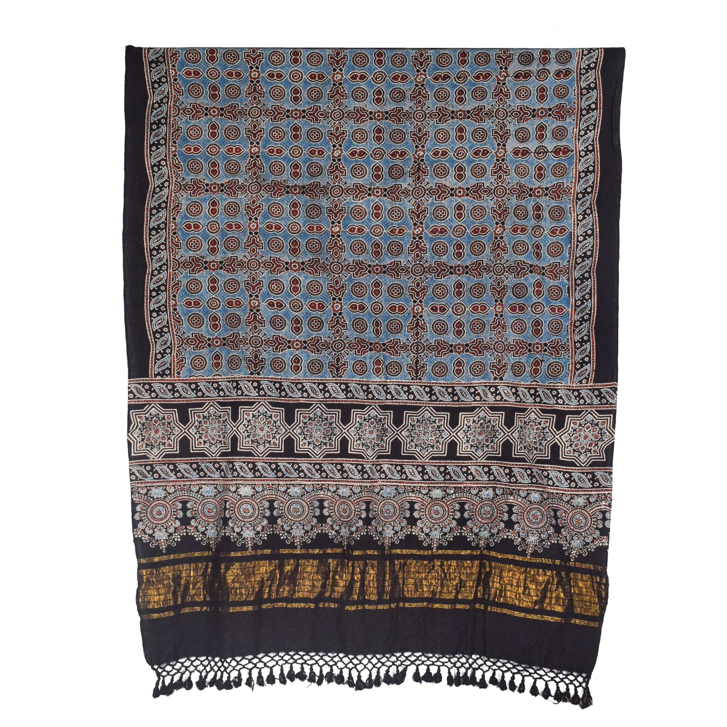 Ajrakh Kala Cotton Natural Dye Hand Block Print Dupatta with Golden Border - 2.65 Mtr Length    -  SKU : DB09201A