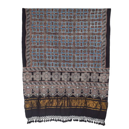 Ajrakh Kala Cotton Natural Dye Hand Block Print Dupatta with Golden Border - 2.65 Mtr Length    -  SKU : DB09201A