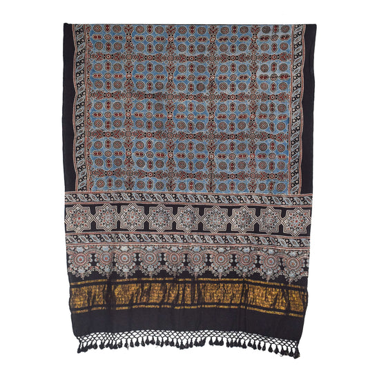 Ajrakh Kala Cotton Natural Dye Hand Block Print Dupatta with Golden Border - 2.65 Mtr Length    -  SKU : DB09201A