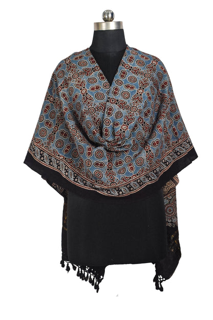 Ajrakh Kala Cotton Natural Dye Hand Block Print Dupatta with Golden Border - 2.65 Mtr Length    -  SKU : DB09201A