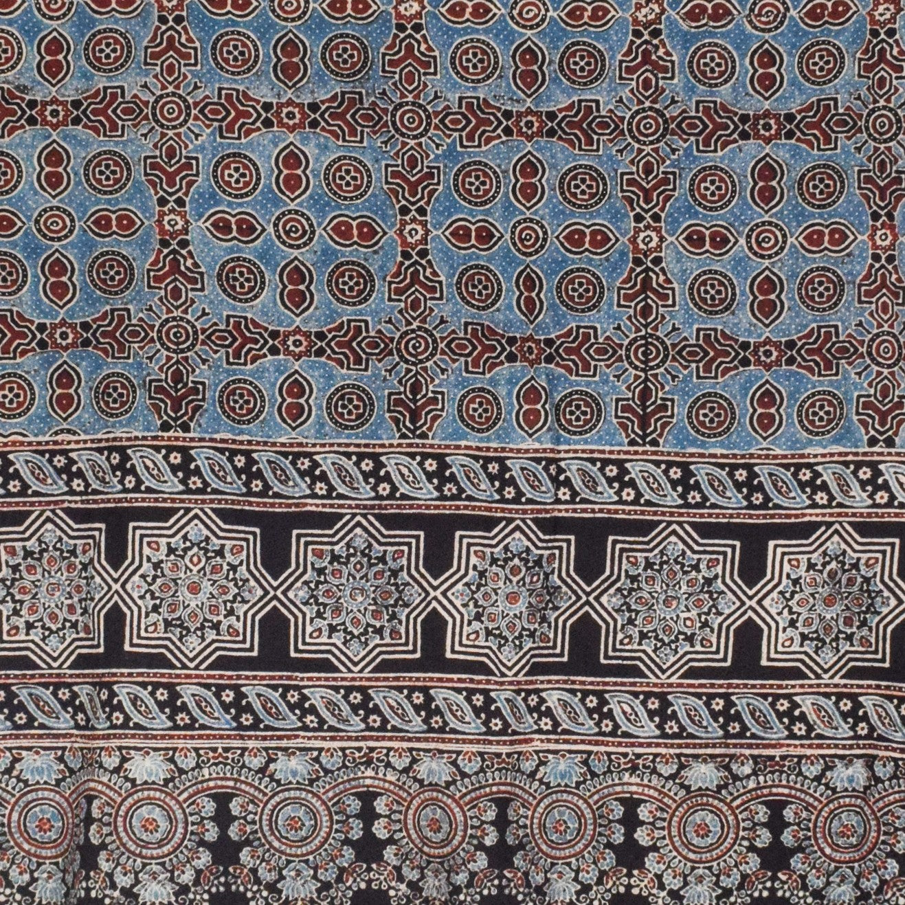 Ajrakh Kala Cotton Natural Dye Hand Block Print Dupatta with Golden Border - 2.65 Mtr Length    -  SKU : DB09201A