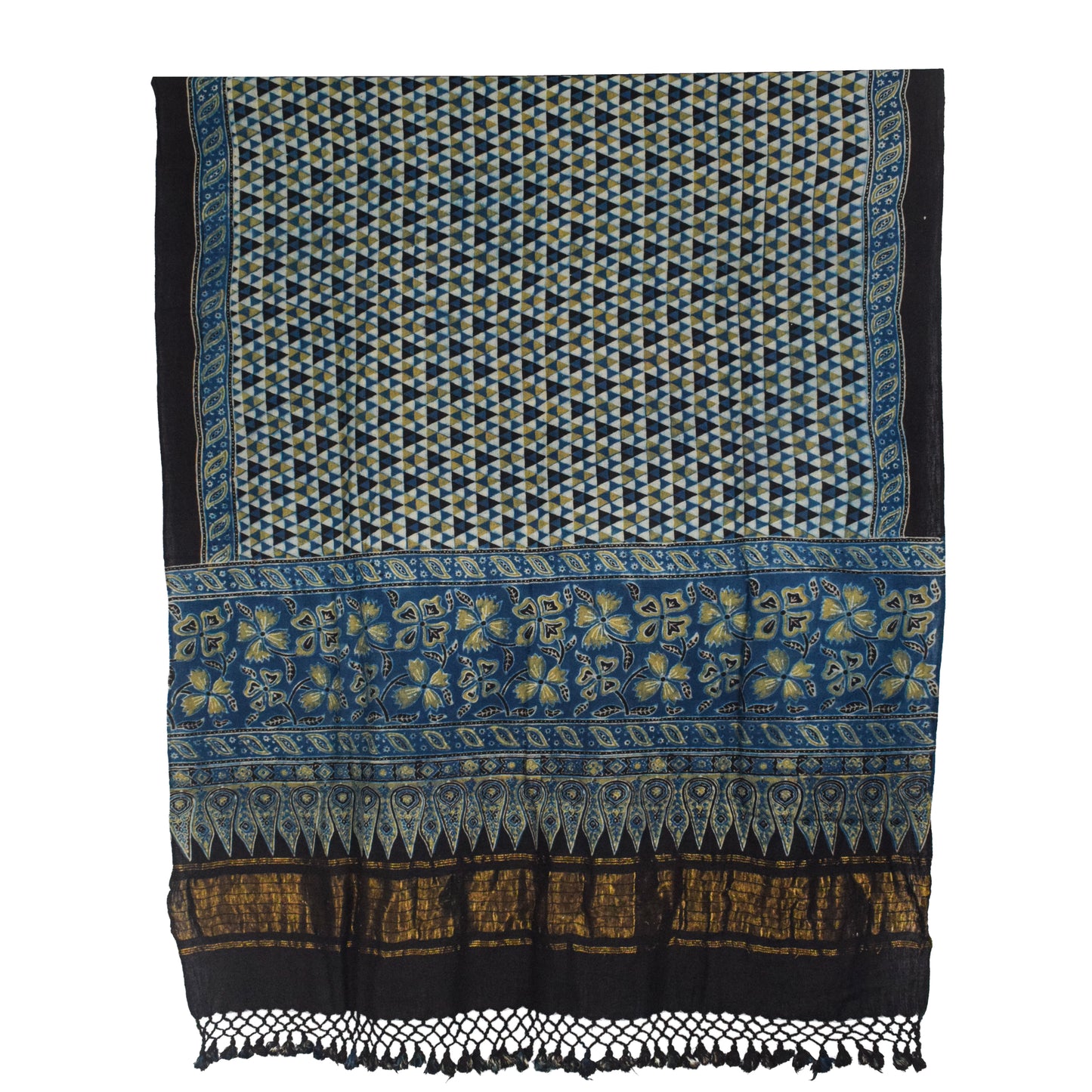 Ajrakh Kala Cotton Natural Dye Hand Block Print Dupatta with Golden Border - 2.65 Mtr Length    -  SKU : DB09201C