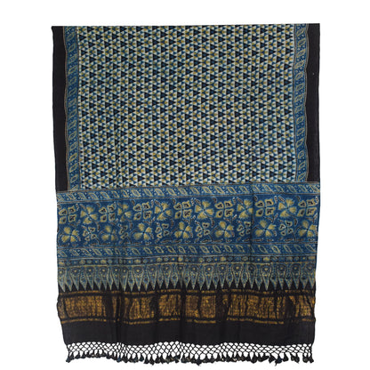 Ajrakh Kala Cotton Natural Dye Hand Block Print Dupatta with Golden Border - 2.65 Mtr Length    -  SKU : DB09201C