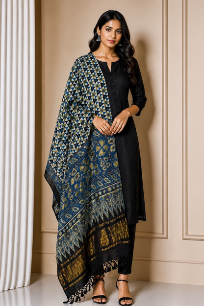 Ajrakh Kala Cotton Natural Dye Hand Block Print Dupatta with Golden Border - 2.65 Mtr Length    -  SKU : DB09201C