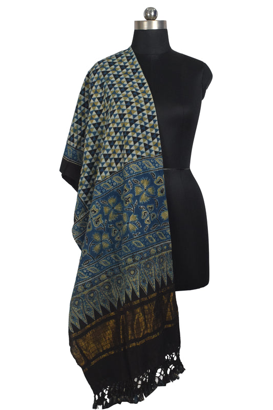 Ajrakh Kala Cotton Natural Dye Hand Block Print Dupatta with Golden Border - 2.65 Mtr Length    -  SKU : DB09201C