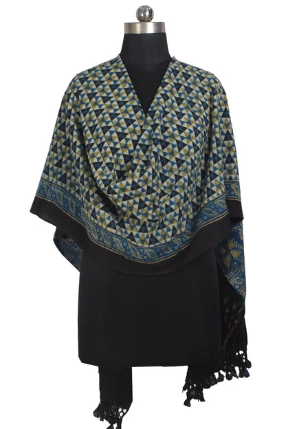 Ajrakh Kala Cotton Natural Dye Hand Block Print Dupatta with Golden Border - 2.65 Mtr Length    -  SKU : DB09201C