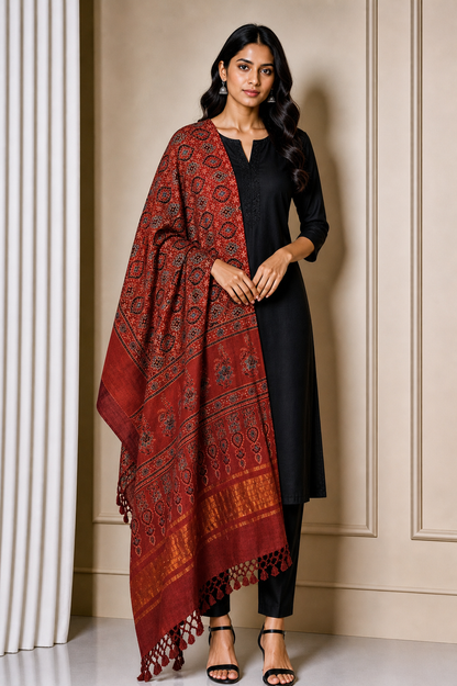 Ajrakh Kala Cotton Natural Dye Hand Block Print Dupatta with Golden Border - 2.65 Mtr Length    -  SKU : DB09201B