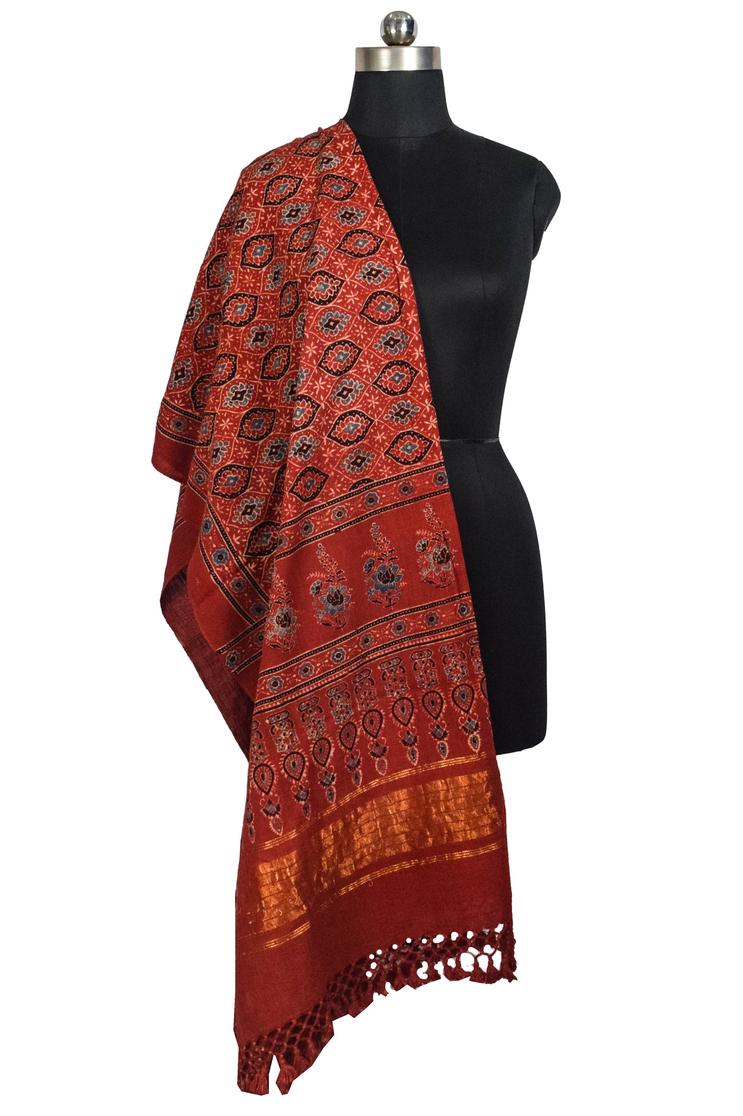 Ajrakh Kala Cotton Natural Dye Hand Block Print Dupatta with Golden Border - 2.65 Mtr Length    -  SKU : DB09201B