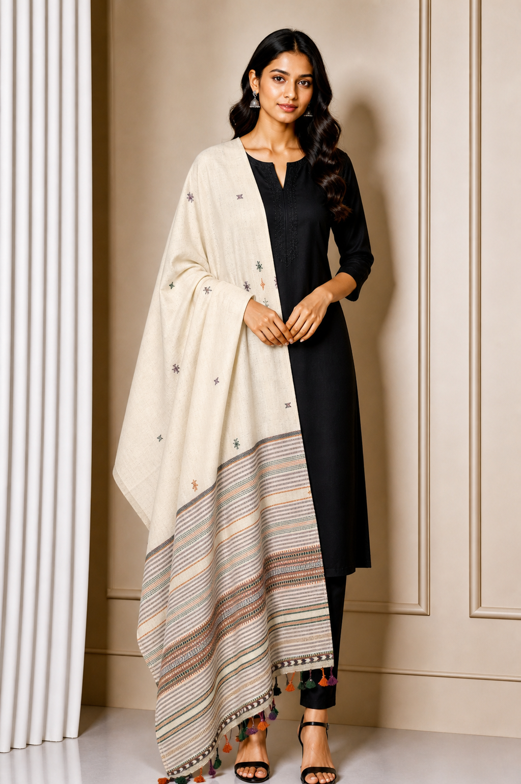Weaving Design Kala Cotton Hand Embroidered Mirror Work Dupatta with Tassels - 2.35 Mtr Length    -  SKU : DV16201B