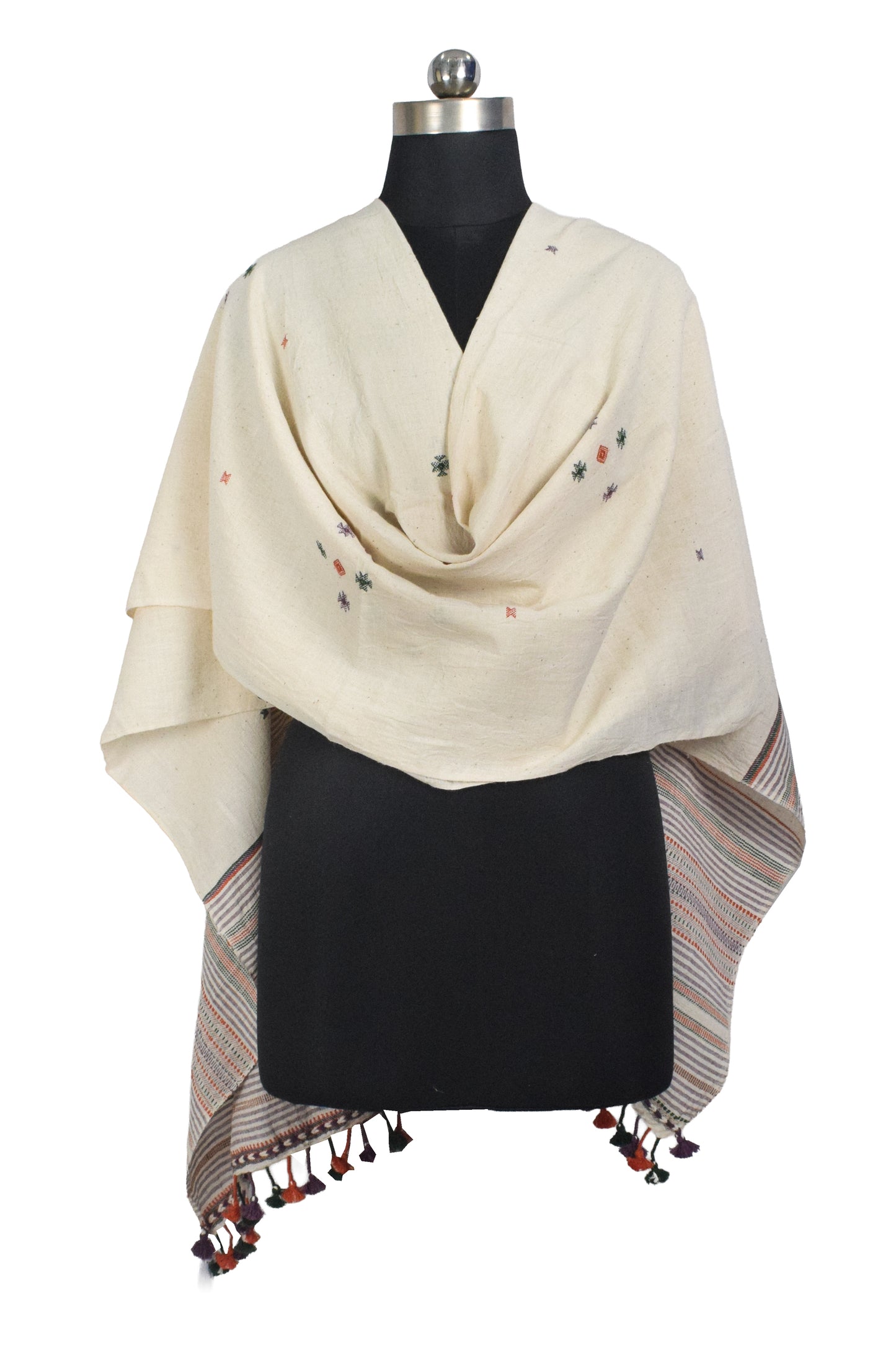 Weaving Design Kala Cotton Hand Embroidered Mirror Work Dupatta with Tassels - 2.35 Mtr Length    -  SKU : DV16201B