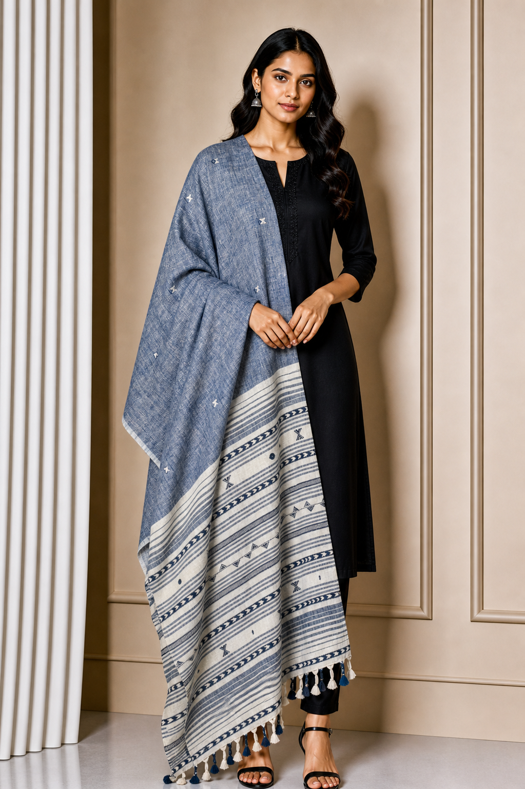 Weaving Design Kala Cotton Hand Embroidered Mirror Work Dupatta with Tassels - 2.35 Mtr Length    -  SKU : DV16201A