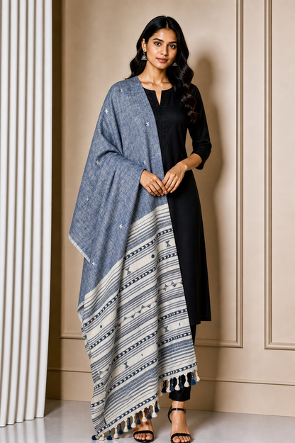 Weaving Design Kala Cotton Hand Embroidered Mirror Work Dupatta with Tassels - 2.35 Mtr Length    -  SKU : DV16201A