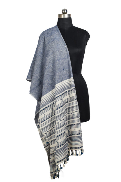 Weaving Design Kala Cotton Hand Embroidered Mirror Work Dupatta with Tassels - 2.35 Mtr Length    -  SKU : DV16201A