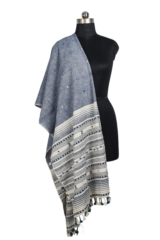 Weaving Design Kala Cotton Hand Embroidered Mirror Work Dupatta with Tassels - 2.35 Mtr Length    -  SKU : DV16201A