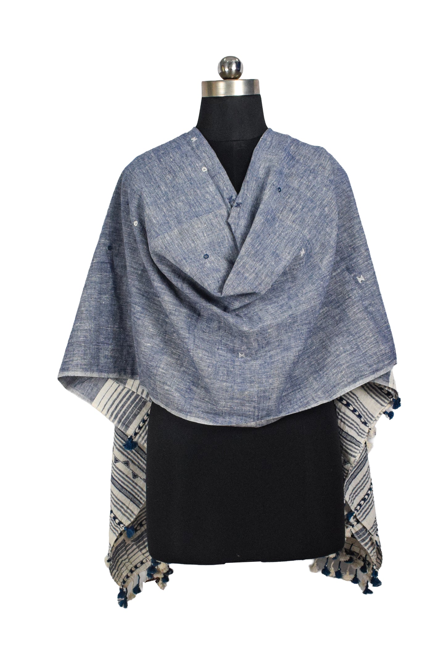 Weaving Design Kala Cotton Hand Embroidered Mirror Work Dupatta with Tassels - 2.35 Mtr Length    -  SKU : DV16201A