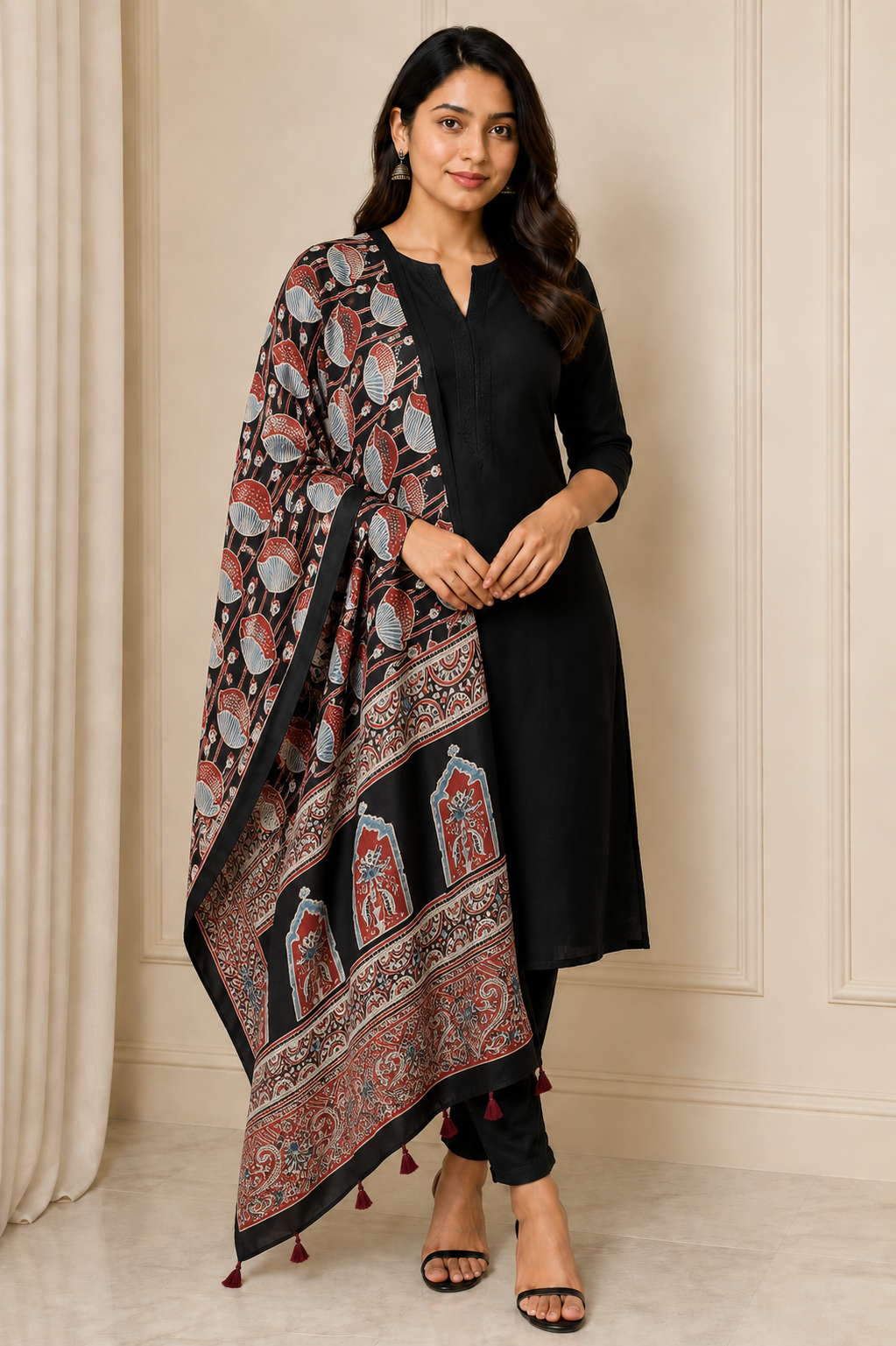 Ajrakh Modal Silk Natural Dye Mirrorwork Hand Block Print Dupatta with Tassels - 2.5 Mtr Length   -  SKU : ID17601A
