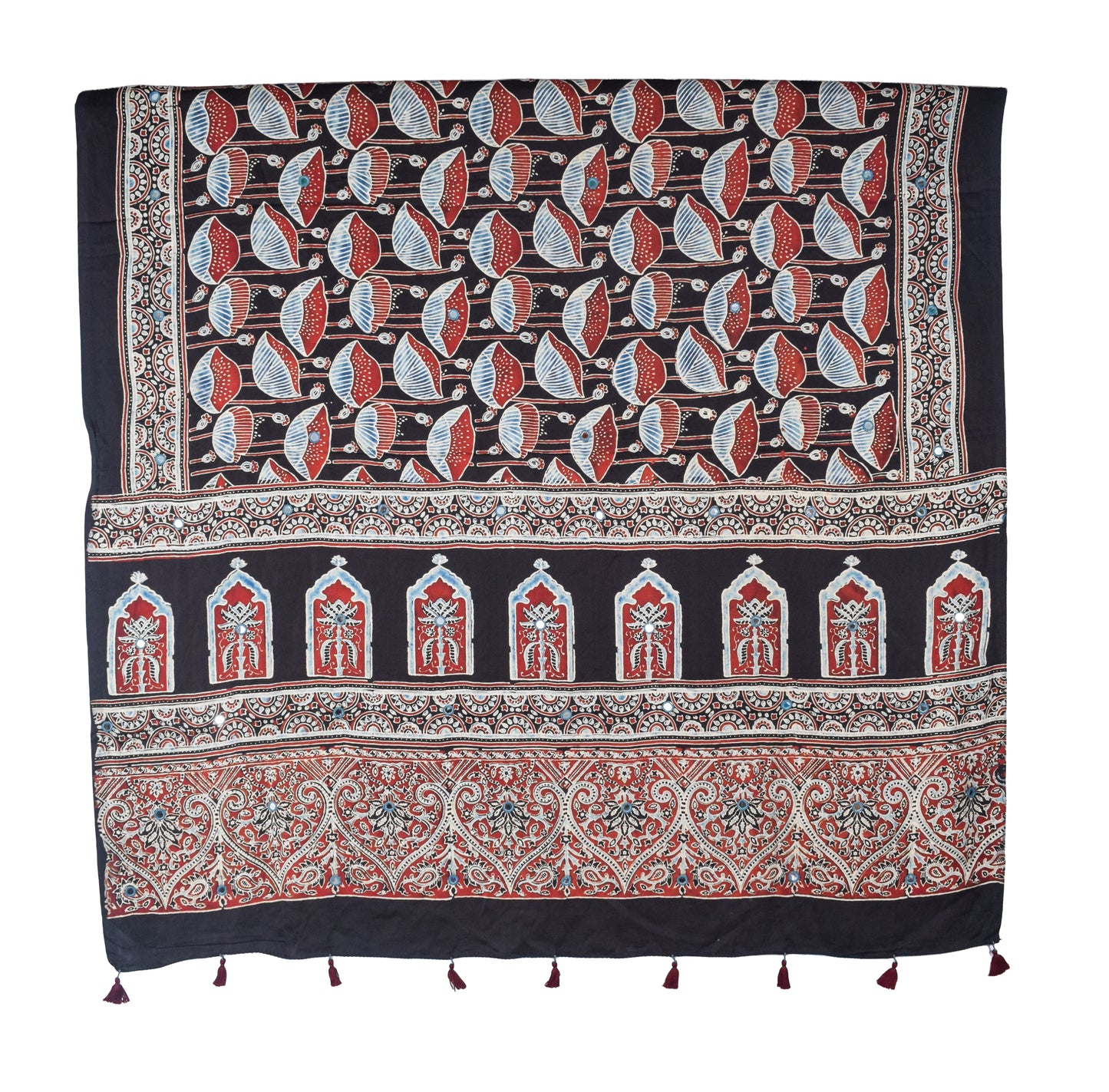 Ajrakh Modal Silk Natural Dye Mirrorwork Hand Block Print Dupatta with Tassels - 2.5 Mtr Length   -  SKU : ID17601A