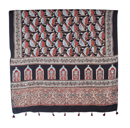 Ajrakh Modal Silk Natural Dye Mirrorwork Hand Block Print Dupatta with Tassels - 2.5 Mtr Length   -  SKU : ID17601A