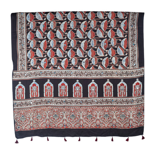 Ajrakh Modal Silk Natural Dye Mirrorwork Hand Block Print Dupatta with Tassels - 2.5 Mtr Length   -  SKU : ID17601A