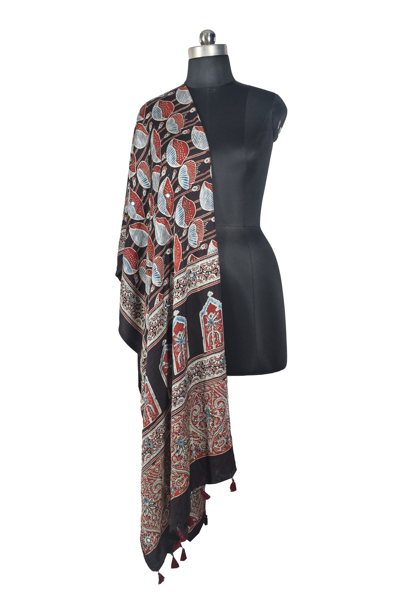 Ajrakh Modal Silk Natural Dye Mirrorwork Hand Block Print Dupatta with Tassels - 2.5 Mtr Length   -  SKU : ID17601A