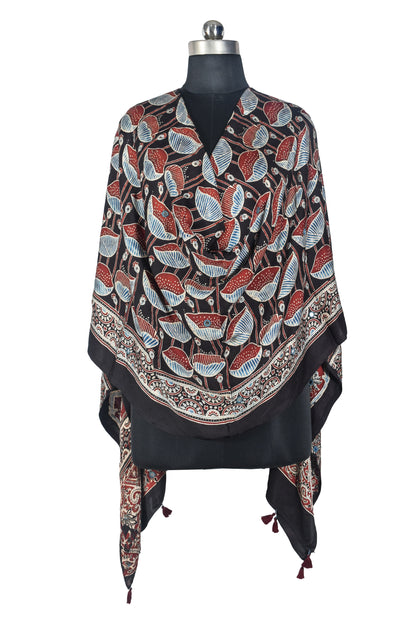 Ajrakh Modal Silk Natural Dye Mirrorwork Hand Block Print Dupatta with Tassels - 2.5 Mtr Length   -  SKU : ID17601A