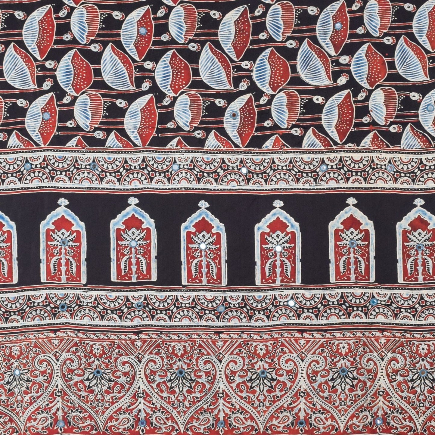Ajrakh Modal Silk Natural Dye Mirrorwork Hand Block Print Dupatta with Tassels - 2.5 Mtr Length   -  SKU : ID17601A