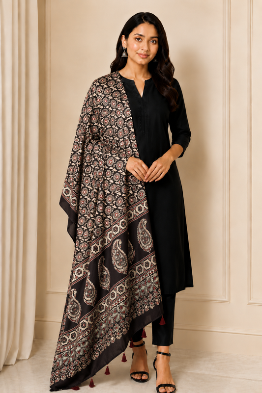 Ajrakh Modal Silk Natural Dye Mirrorwork Hand Block Print Dupatta with Tassels - 2.5 Mtr Length   -  SKU : ID17601D