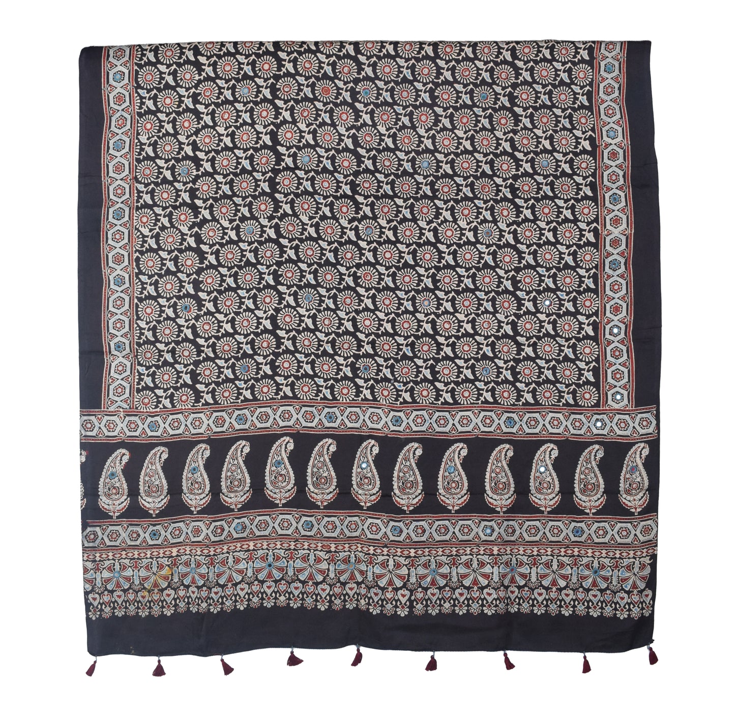 Ajrakh Modal Silk Natural Dye Mirrorwork Hand Block Print Dupatta with Tassels - 2.5 Mtr Length   -  SKU : ID17601D