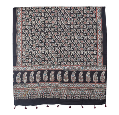 Ajrakh Modal Silk Natural Dye Mirrorwork Hand Block Print Dupatta with Tassels - 2.5 Mtr Length   -  SKU : ID17601D