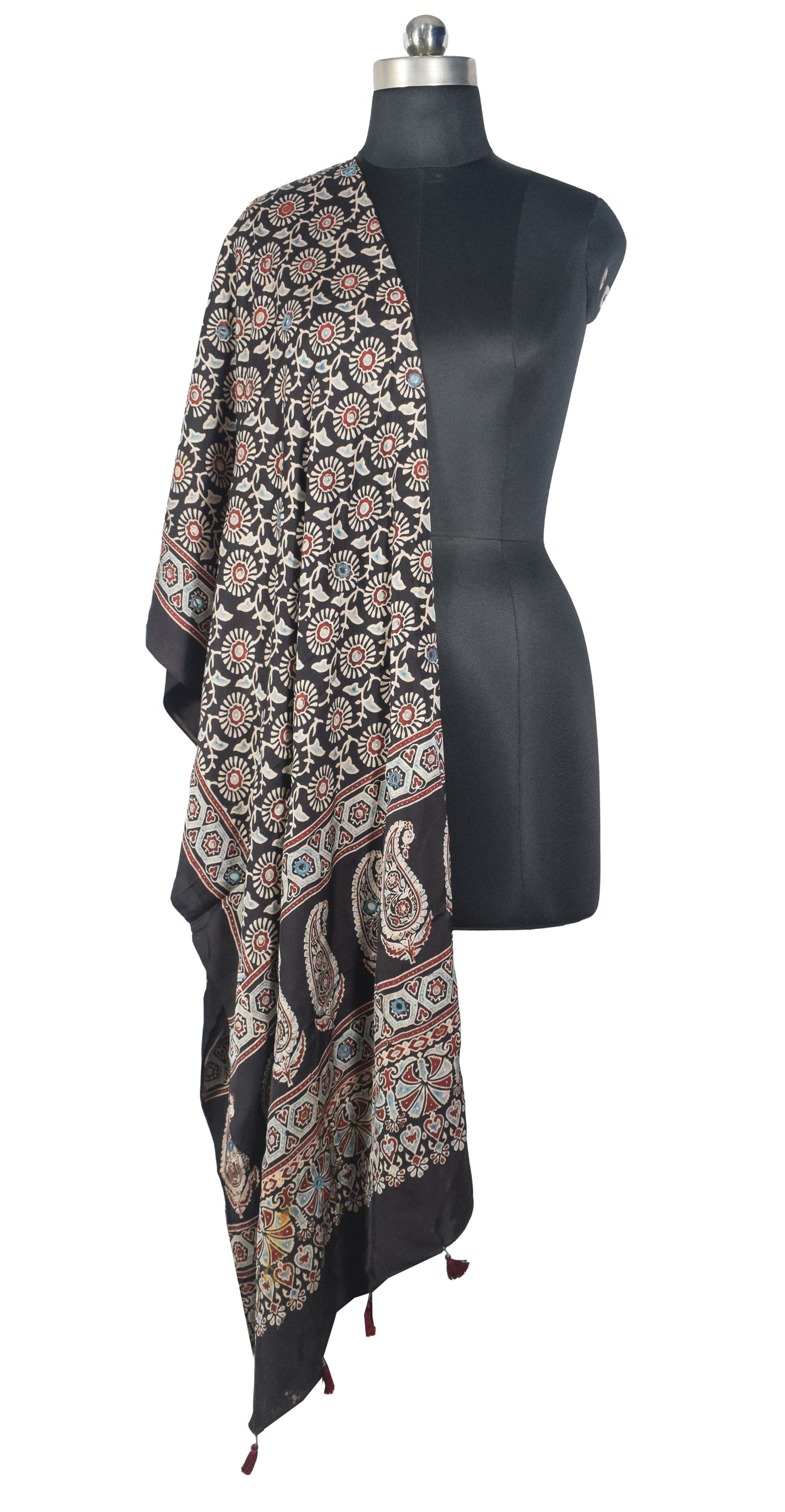 Ajrakh Modal Silk Natural Dye Mirrorwork Hand Block Print Dupatta with Tassels - 2.5 Mtr Length   -  SKU : ID17601D