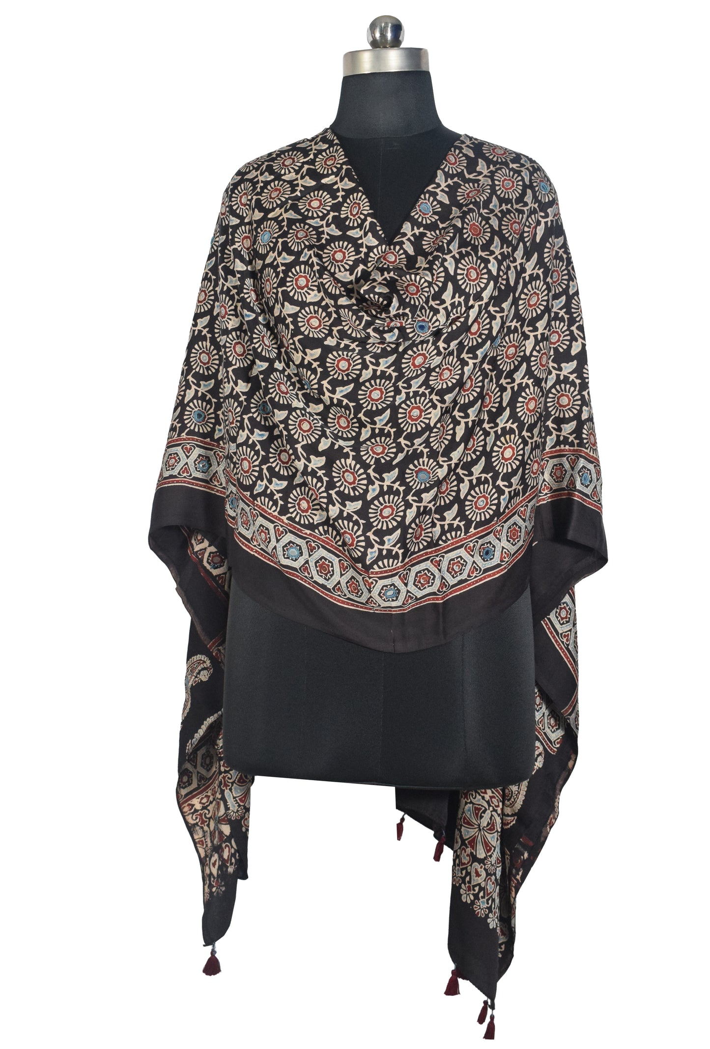 Ajrakh Modal Silk Natural Dye Mirrorwork Hand Block Print Dupatta with Tassels - 2.5 Mtr Length   -  SKU : ID17601D