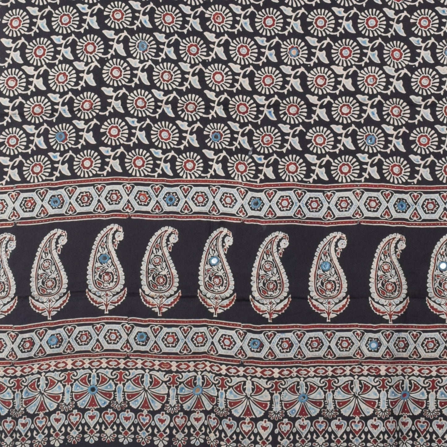 Ajrakh Modal Silk Natural Dye Mirrorwork Hand Block Print Dupatta with Tassels - 2.5 Mtr Length   -  SKU : ID17601D