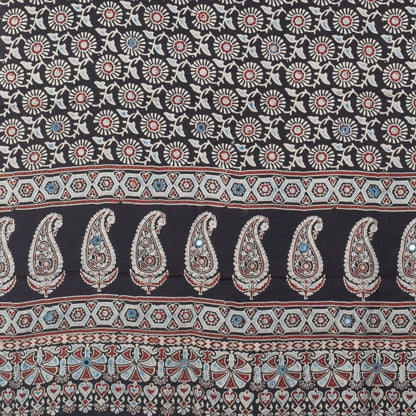 Ajrakh Modal Silk Natural Dye Mirrorwork Hand Block Print Dupatta with Tassels - 2.5 Mtr Length   -  SKU : ID17601D