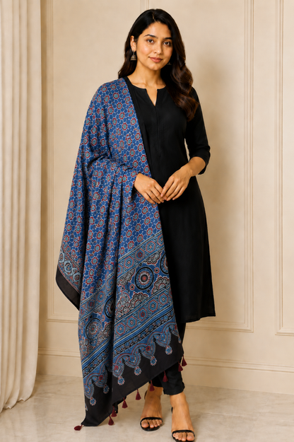 Ajrakh Modal Silk Natural Dye Mirrorwork Hand Block Print Dupatta with Tassels - 2.5 Mtr Length   -  SKU : ID17601B