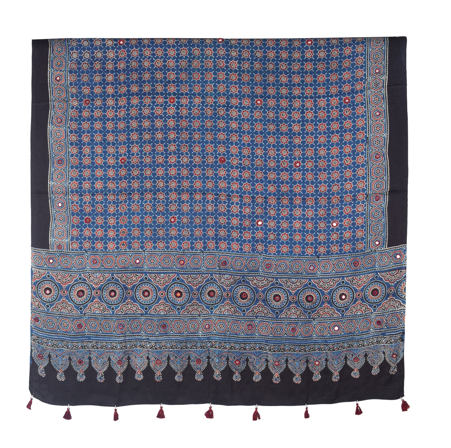 Ajrakh Modal Silk Natural Dye Mirrorwork Hand Block Print Dupatta with Tassels - 2.5 Mtr Length   -  SKU : ID17601B