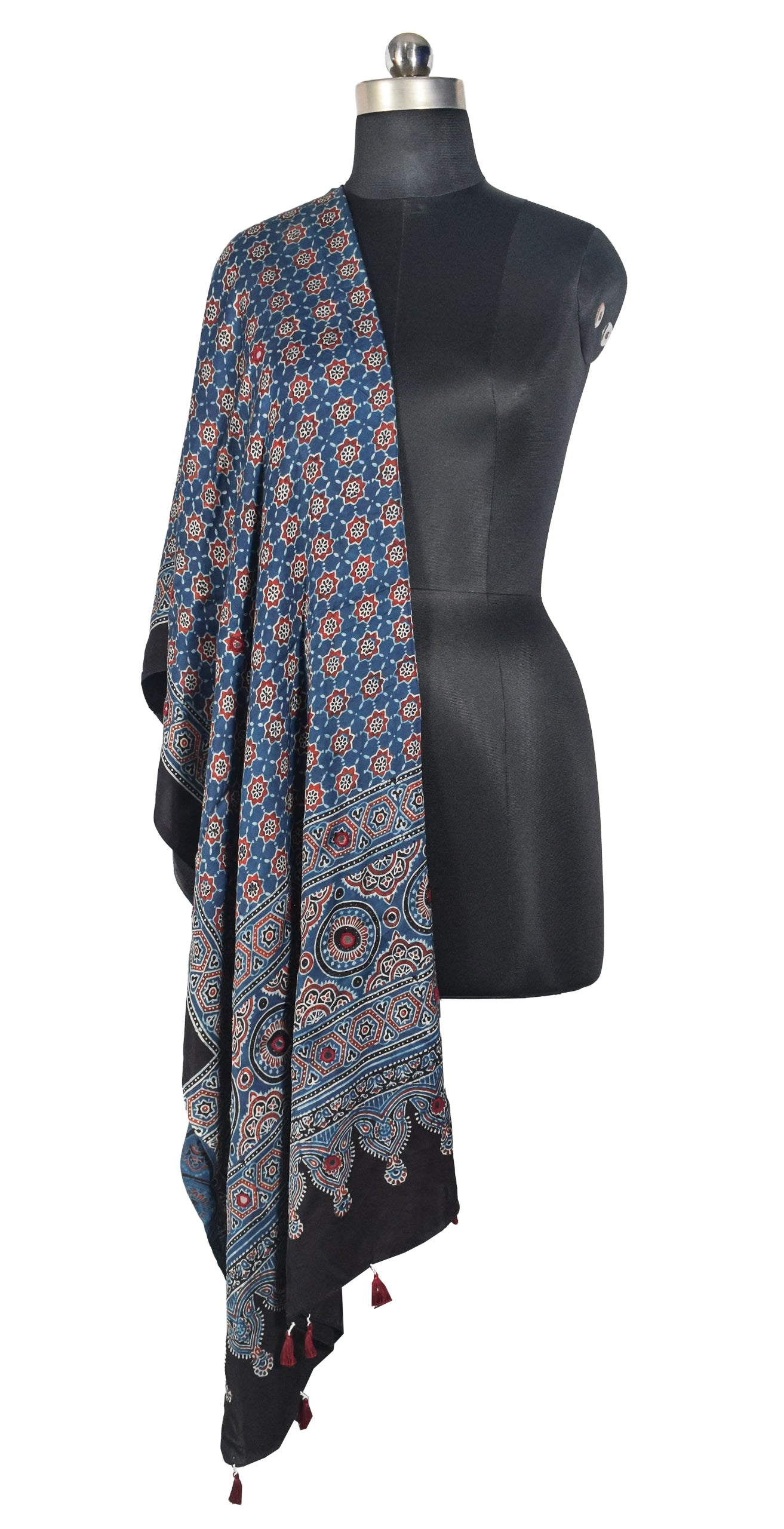 Ajrakh Modal Silk Natural Dye Mirrorwork Hand Block Print Dupatta with Tassels - 2.5 Mtr Length   -  SKU : ID17601B