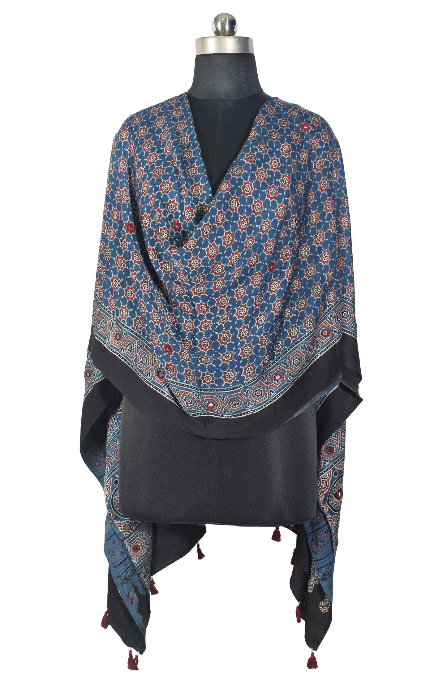 Ajrakh Modal Silk Natural Dye Mirrorwork Hand Block Print Dupatta with Tassels - 2.5 Mtr Length   -  SKU : ID17601B