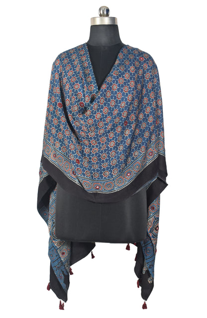 Ajrakh Modal Silk Natural Dye Mirrorwork Hand Block Print Dupatta with Tassels - 2.5 Mtr Length   -  SKU : ID17601B