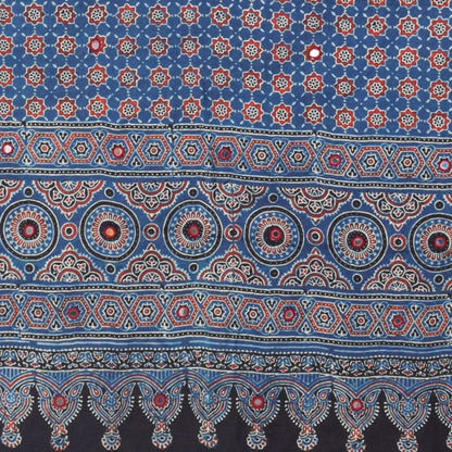 Ajrakh Modal Silk Natural Dye Mirrorwork Hand Block Print Dupatta with Tassels - 2.5 Mtr Length   -  SKU : ID17601B