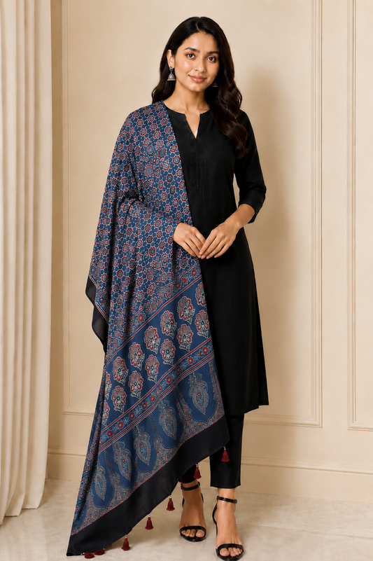 Ajrakh Modal Silk Natural Dye Mirrorwork Hand Block Print Dupatta with Tassels - 2.5 Mtr Length   -  SKU : ID17601E