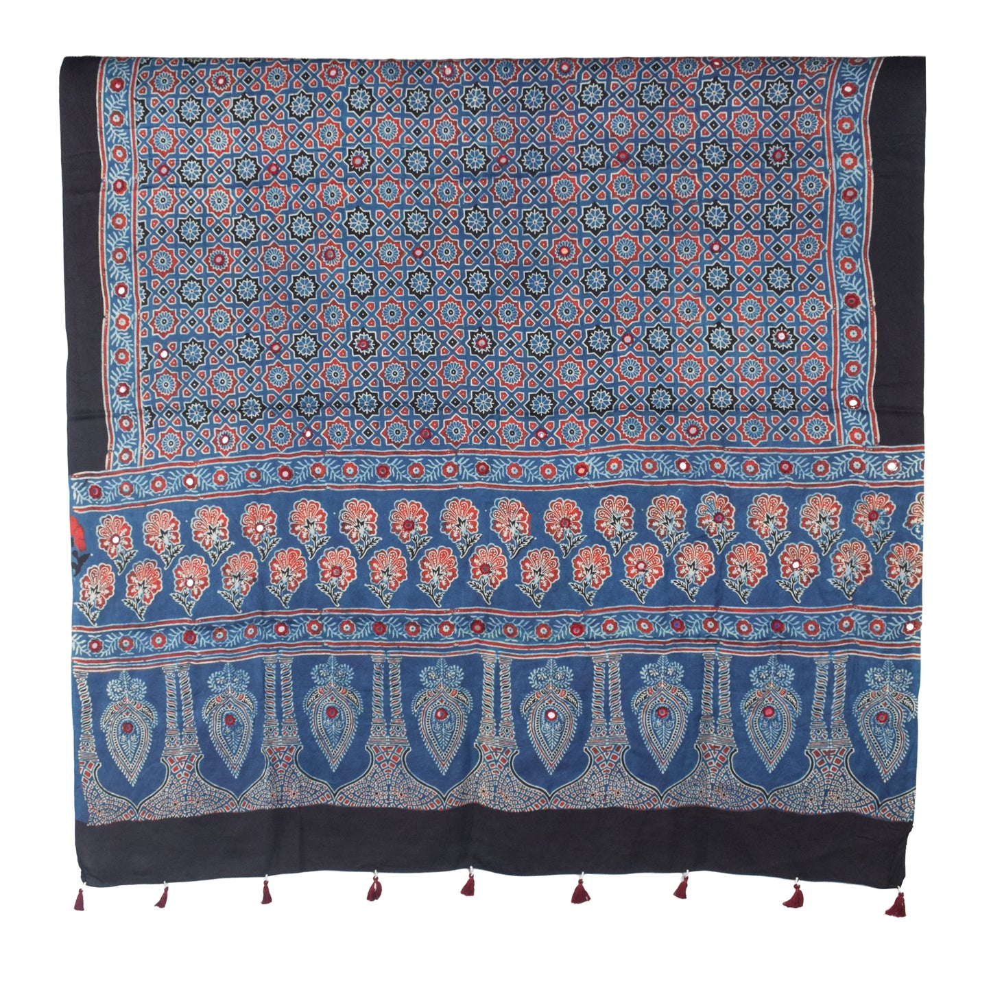 Ajrakh Modal Silk Natural Dye Mirrorwork Hand Block Print Dupatta with Tassels - 2.5 Mtr Length   -  SKU : ID17601E
