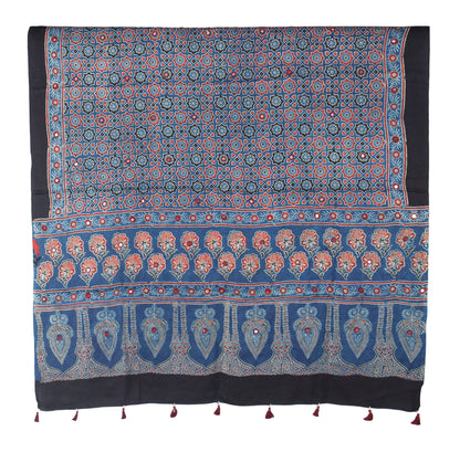 Ajrakh Modal Silk Natural Dye Mirrorwork Hand Block Print Dupatta with Tassels - 2.5 Mtr Length   -  SKU : ID17601E