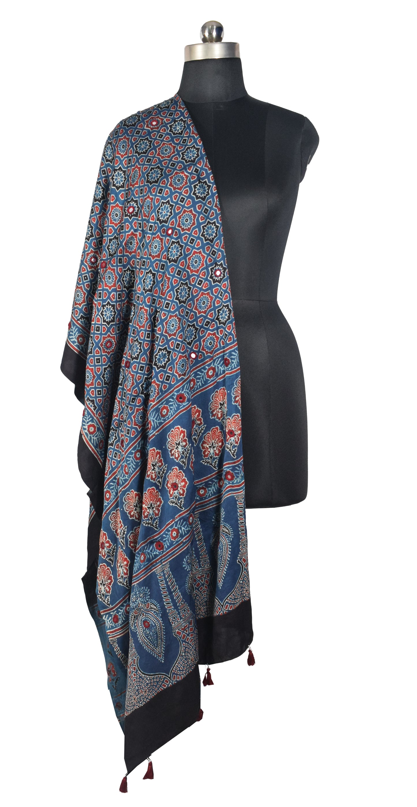Ajrakh Modal Silk Natural Dye Mirrorwork Hand Block Print Dupatta with Tassels - 2.5 Mtr Length   -  SKU : ID17601E