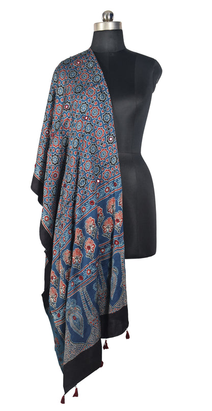 Ajrakh Modal Silk Natural Dye Mirrorwork Hand Block Print Dupatta with Tassels - 2.5 Mtr Length   -  SKU : ID17601E