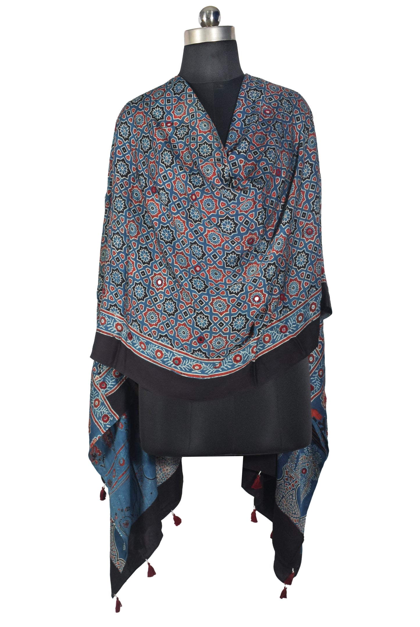 Ajrakh Modal Silk Natural Dye Mirrorwork Hand Block Print Dupatta with Tassels - 2.5 Mtr Length   -  SKU : ID17601E
